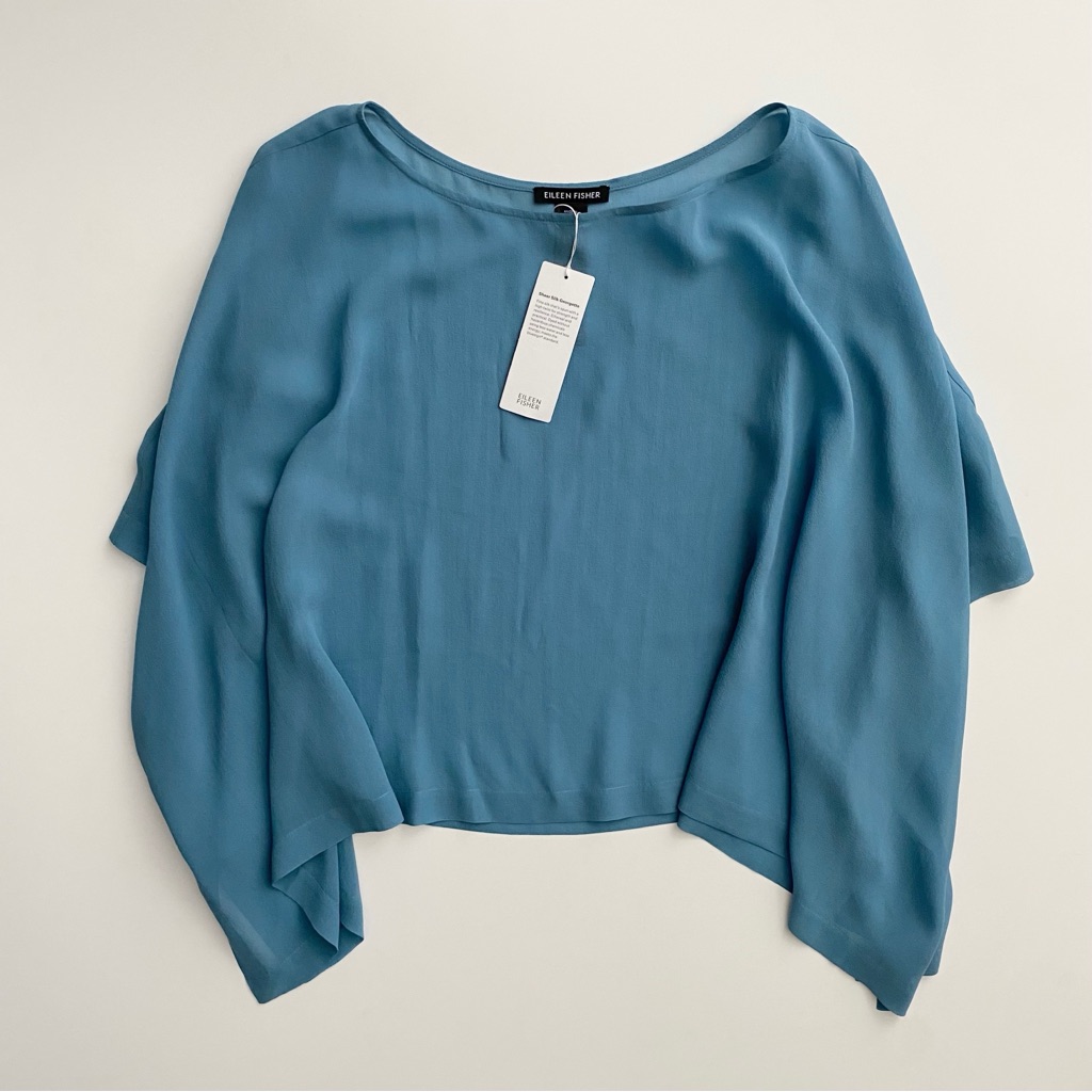 Eileen Fisher Nwt Sheer Silk Georgette Bateau Beach River Blue Top 1x / 2x